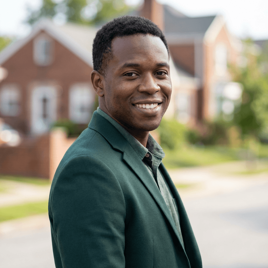 Marcus T. standing in front of a new house