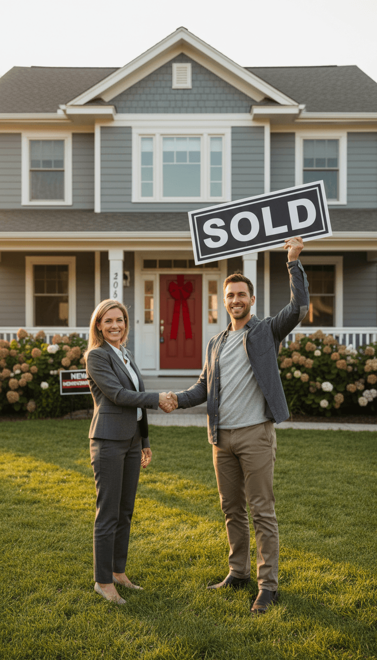 Realtor shaking hands with happy couple in front of a sold home