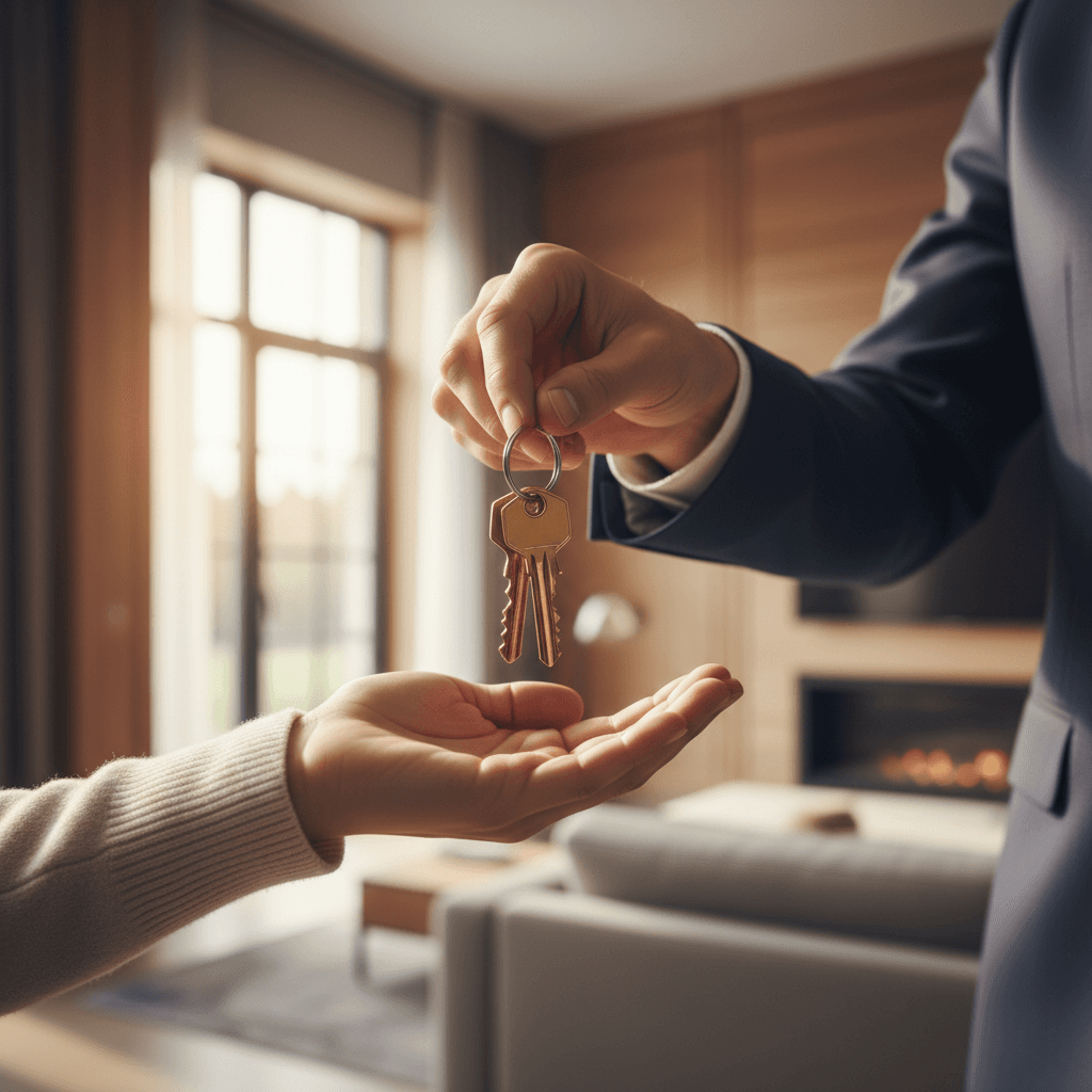 Real estate agent handing keys to a couple outside a modern home