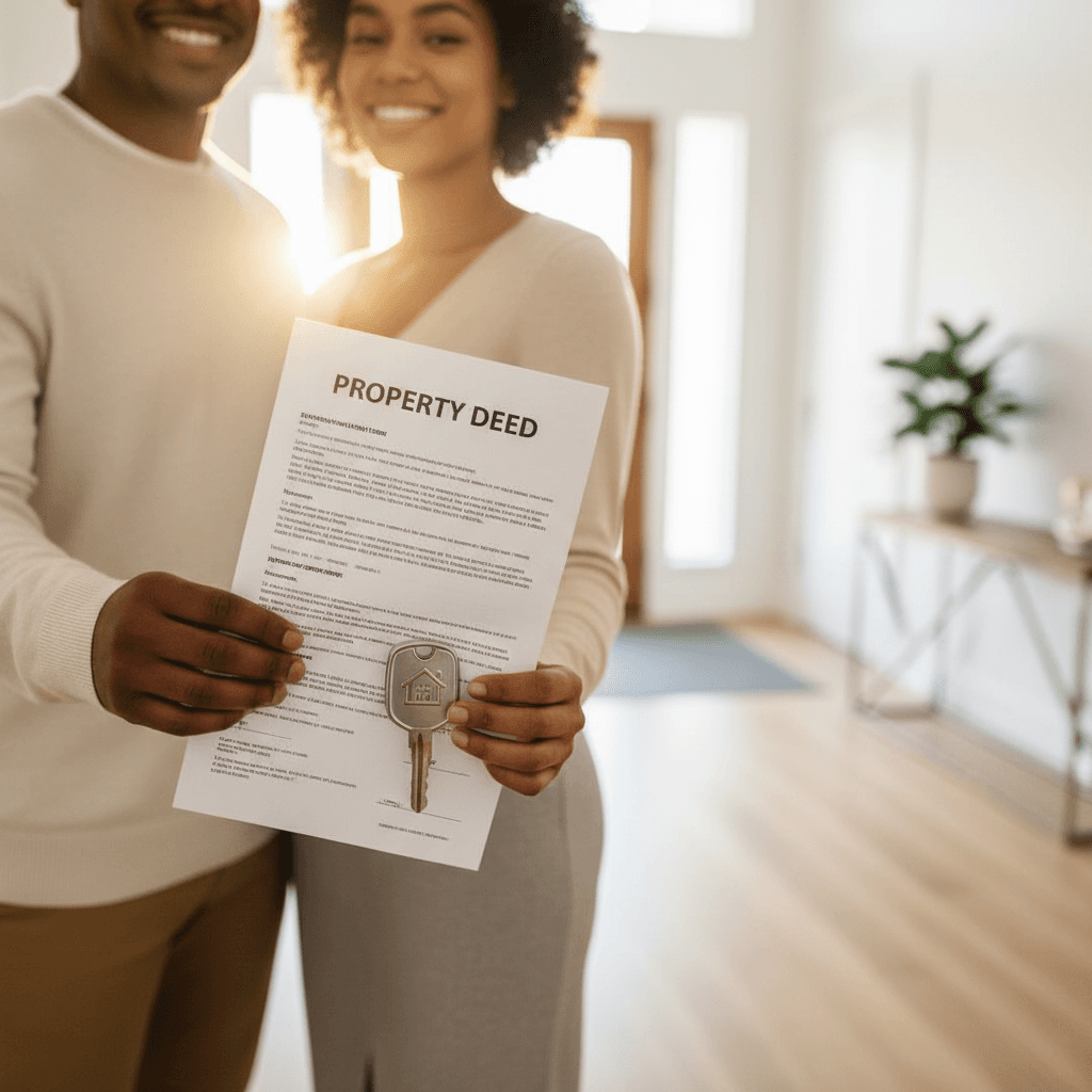Real estate agent handing keys to happy couple outside a modern suburban home